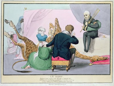 「ルモート」、ジョージIV（1762-1830）、ロンドン動物園でキリンの死を嘆く王の風刺画。J。ネザークリフトによって印刷され、パブ。マクリーン著、1829年、ロンドン、（手彩色彫刻） 作： John Doyle